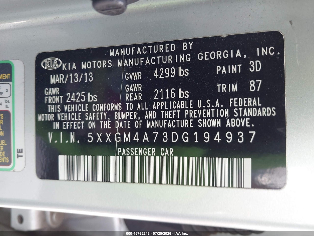 5XXGM4A73DG****** · 2013 KIA OPTIMA LX · 9/11