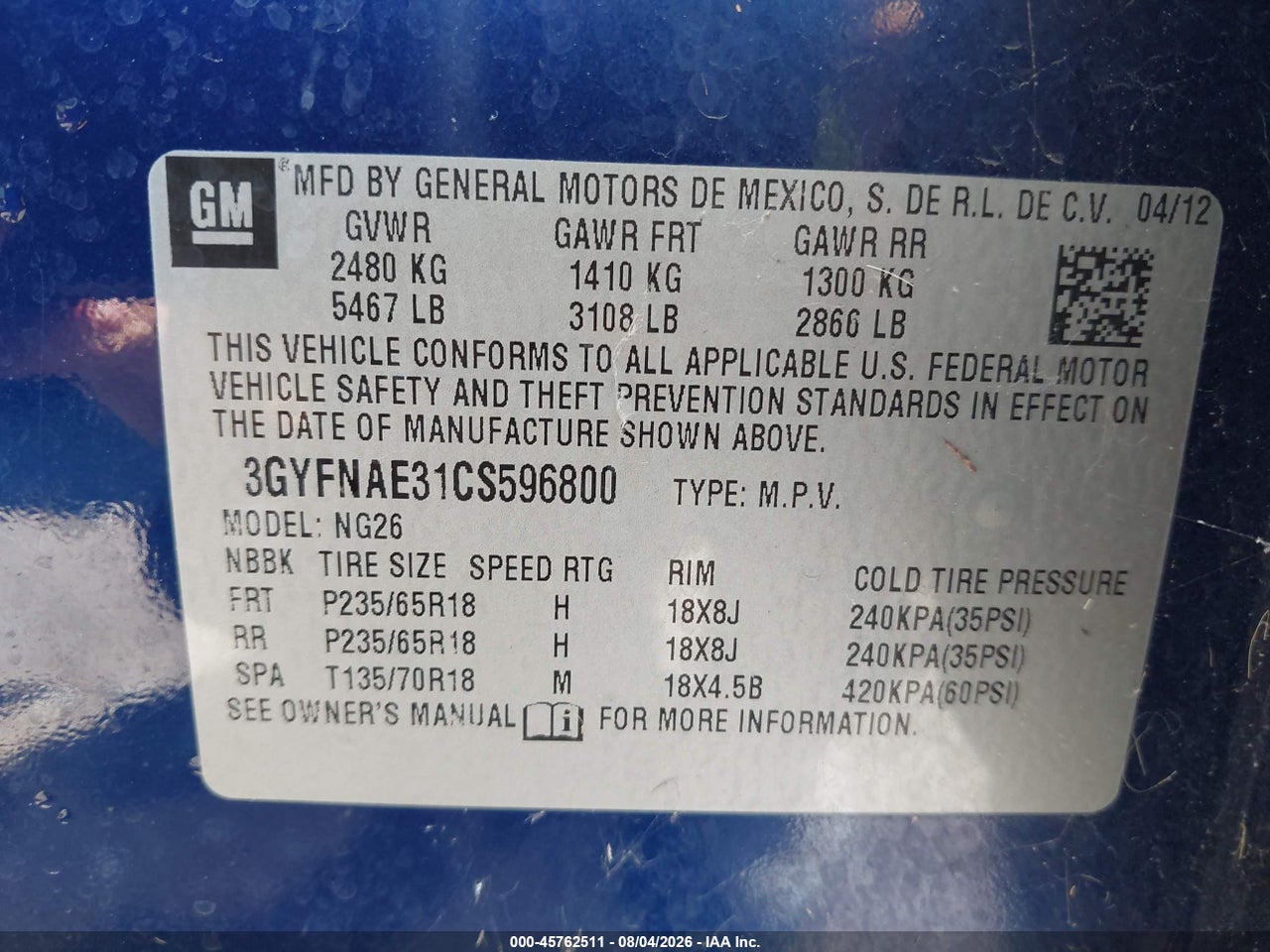 3GYFNAE31CS****** · 2012 CADILLAC SRX LUXURY COLLECTION · 9/11