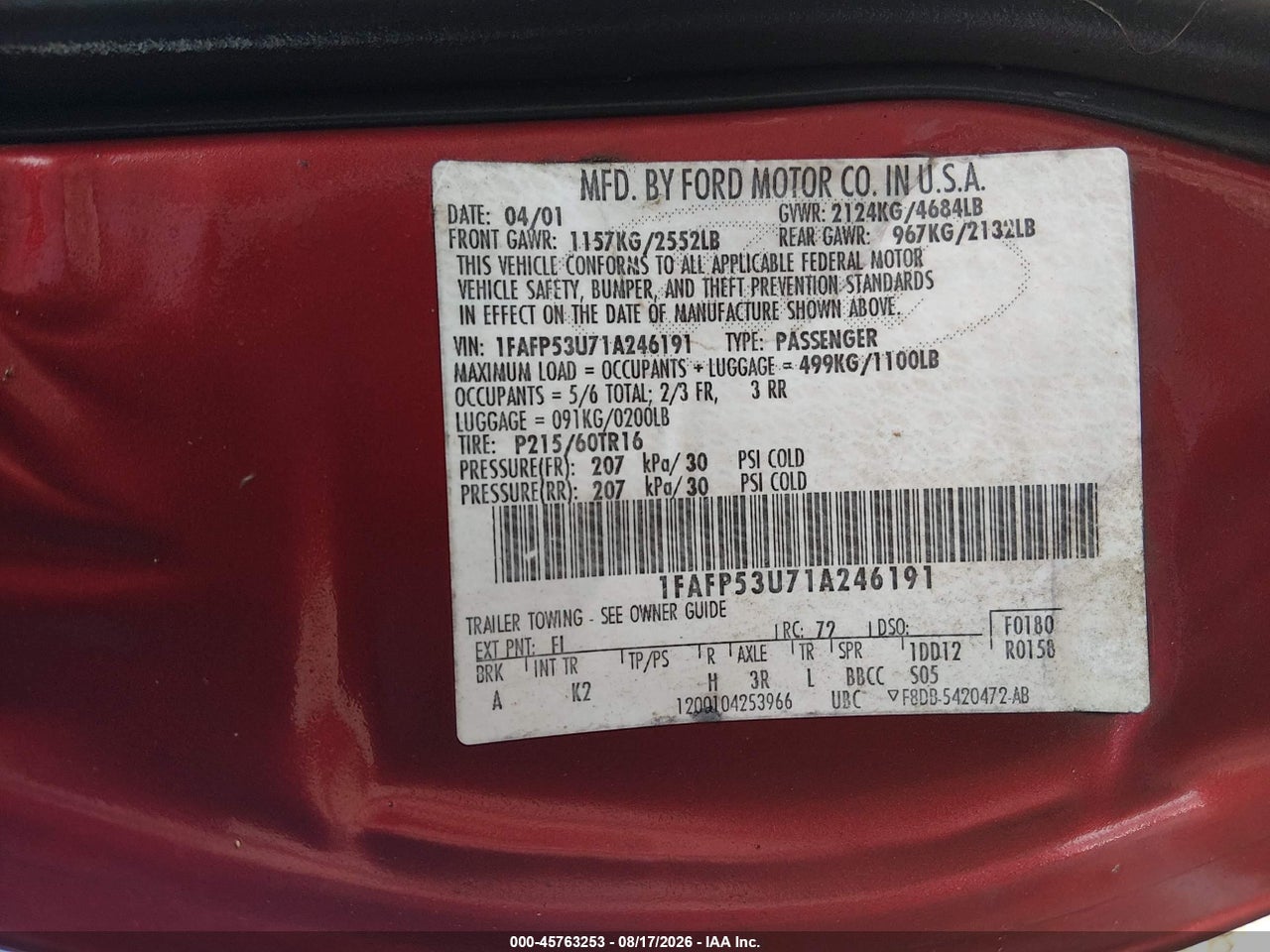 1FAFP53U71A****** · 2001 FORD TAURUS SE · 9/11