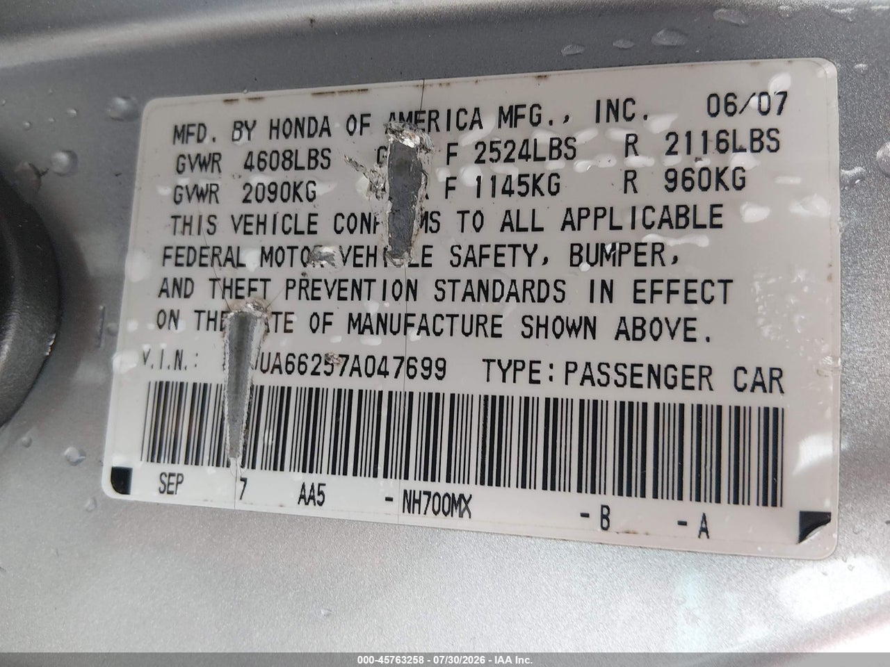 19UUA66257A****** · 2007 ACURA TL 3.2 · 9/11