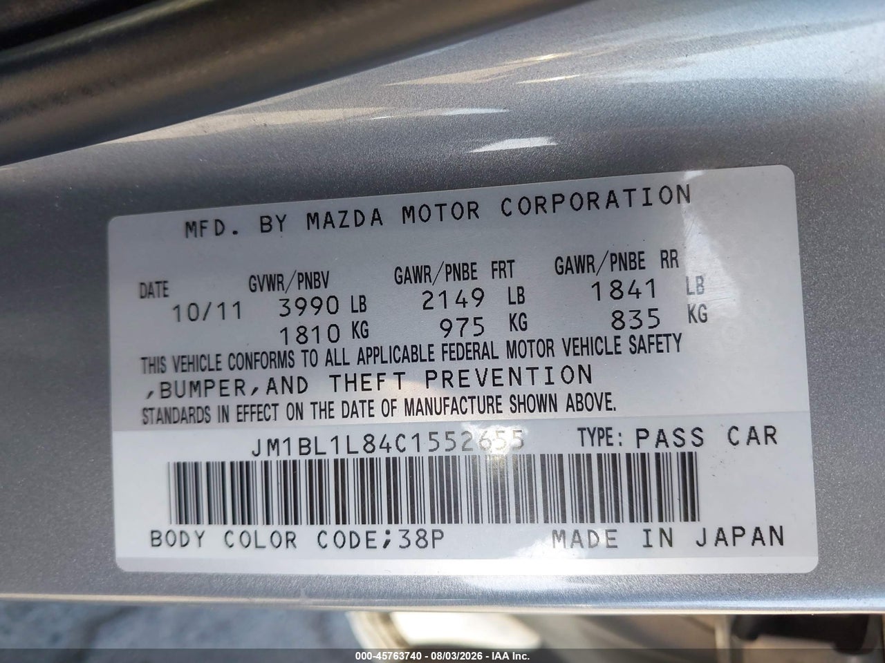JM1BL1L84C1****** · 2012 MAZDA MAZDA3 I TOURING · 9/11