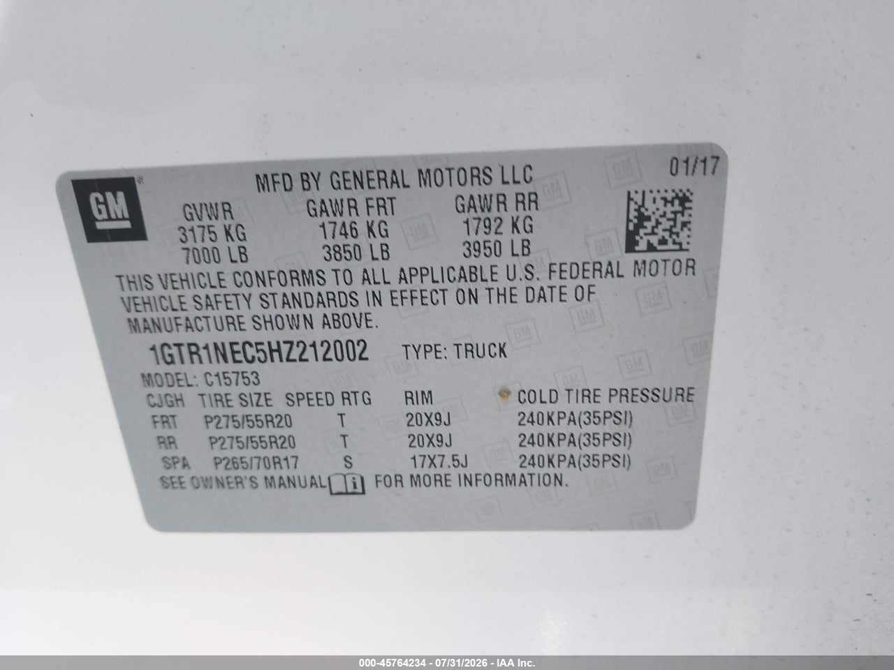 1GTR1NEC5HZ****** · 2017 GMC SIERRA 1500 SLT · 9/11