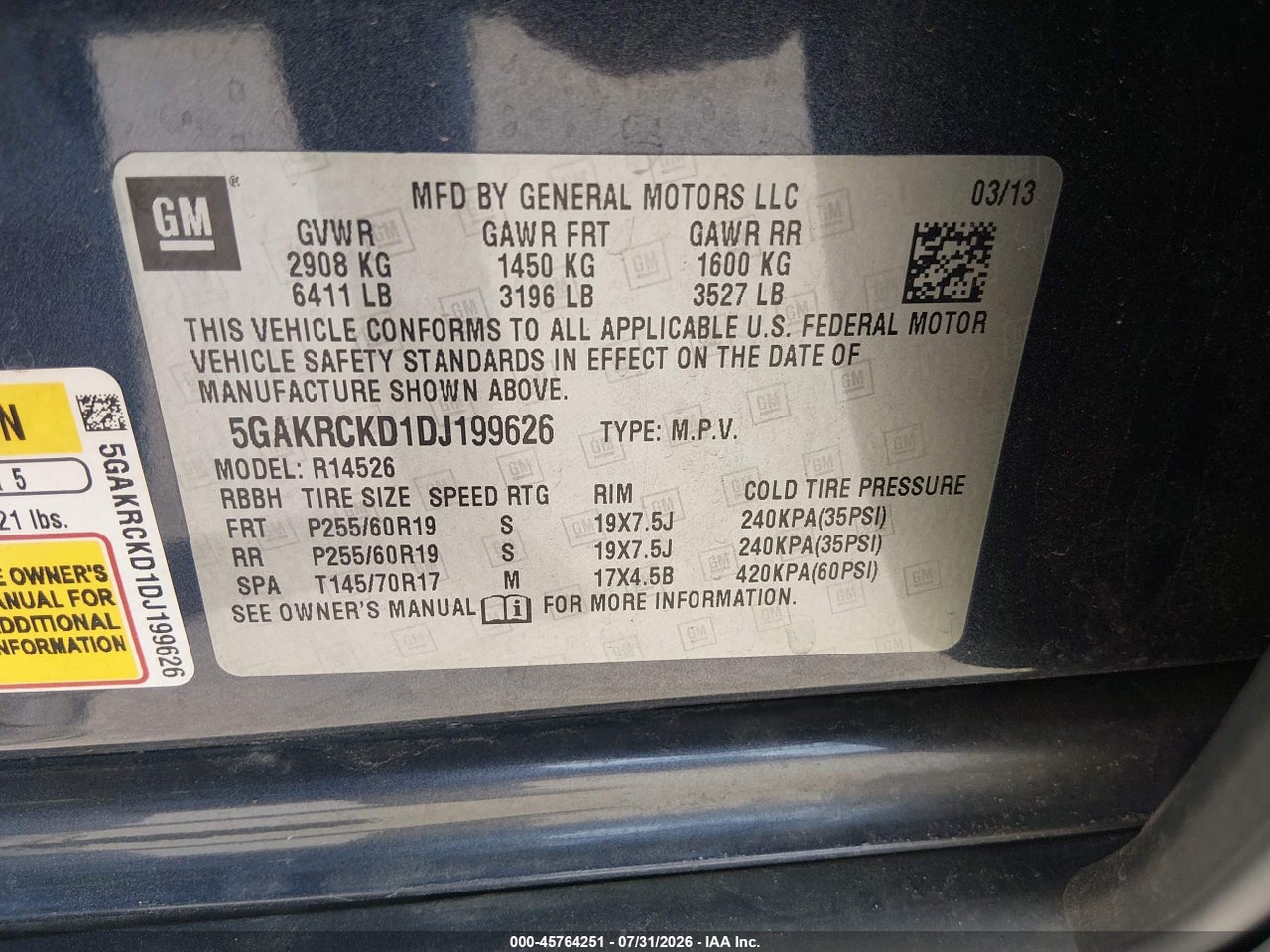 5GAKRCKD1DJ****** · 2013 BUICK ENCLAVE LEATHER · 9/11