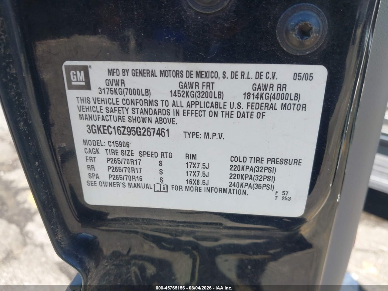 3GKEC16Z95G****** · 2005 GMC YUKON XL 1500 SLT · 9/11