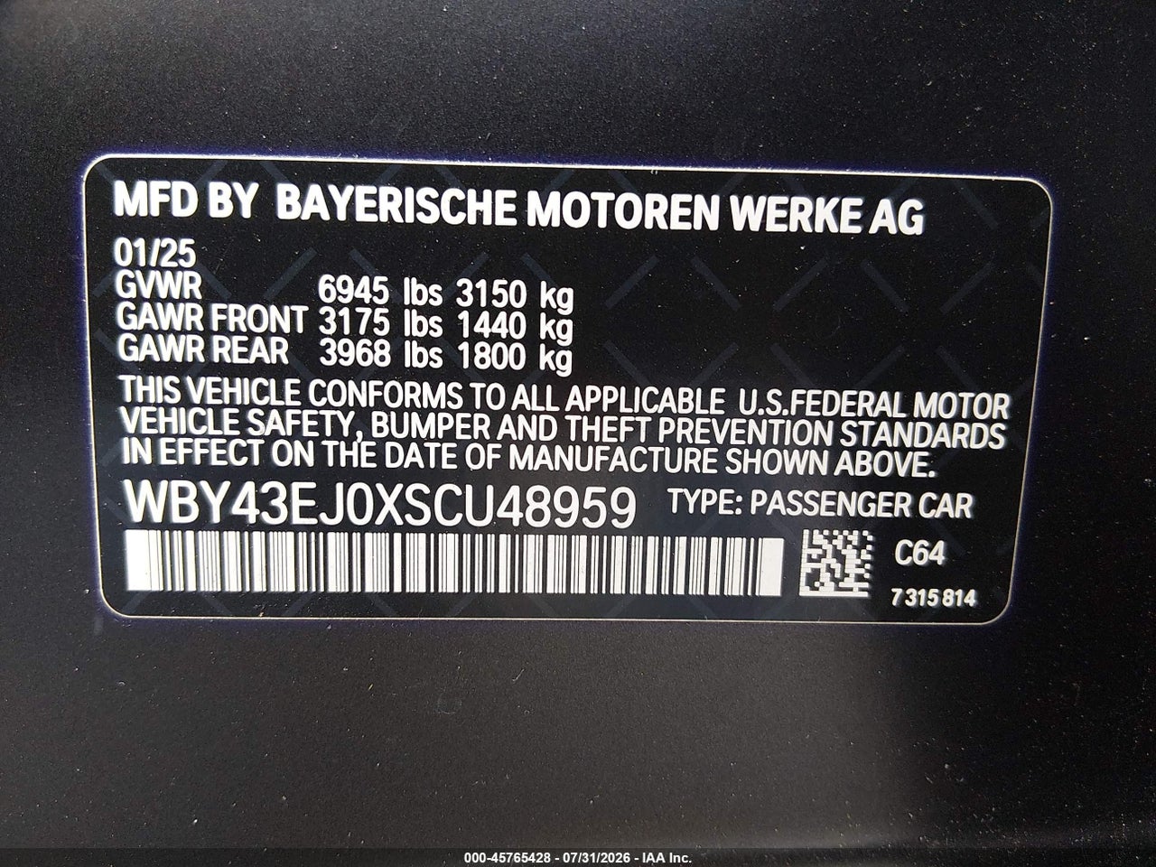 WBY43EJ0XSC****** · 2025 BMW I7 EDRIVE50 · 9/11