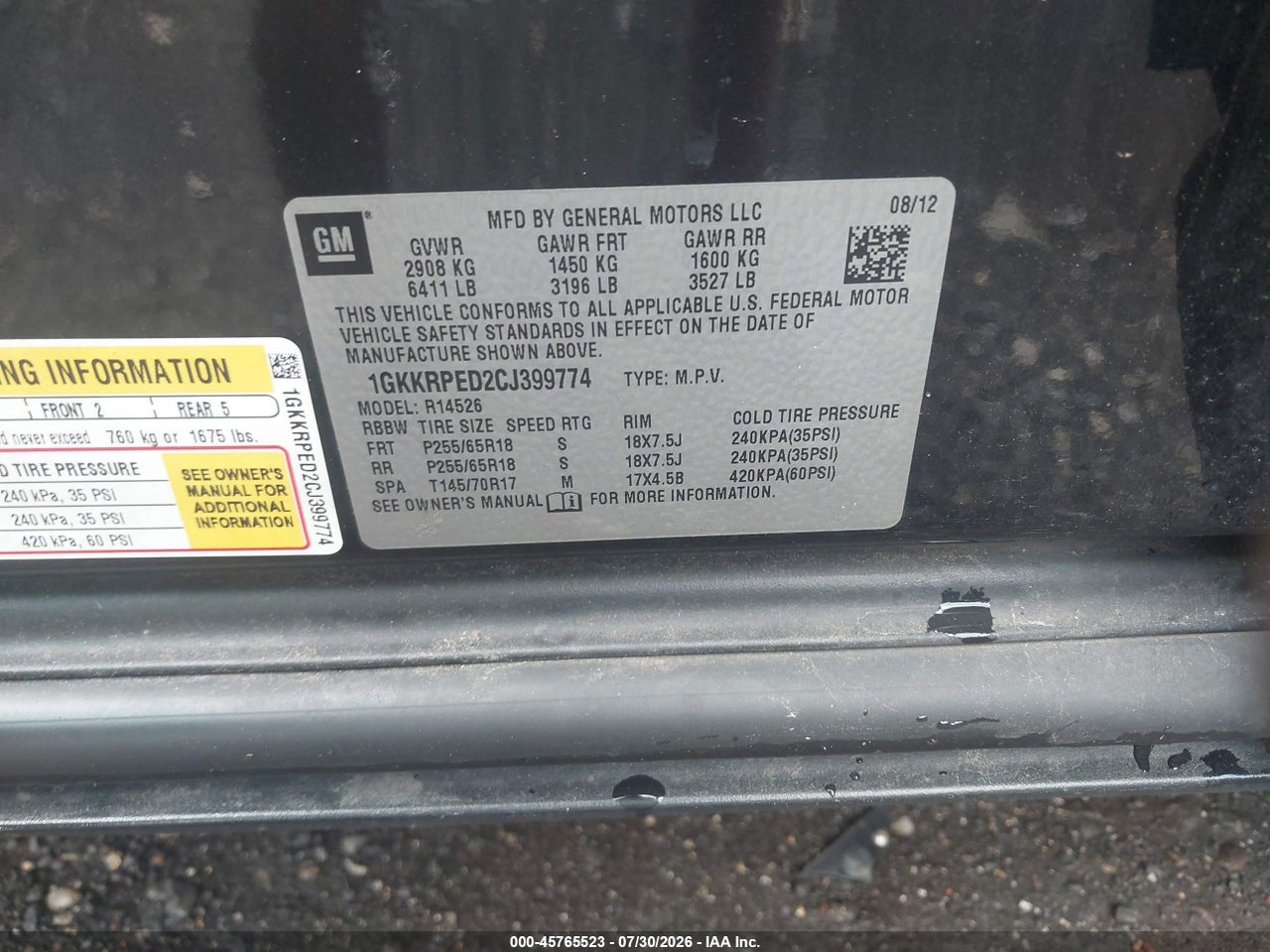 1GKKRPED2CJ****** · 2012 GMC ACADIA SLE · 9/10