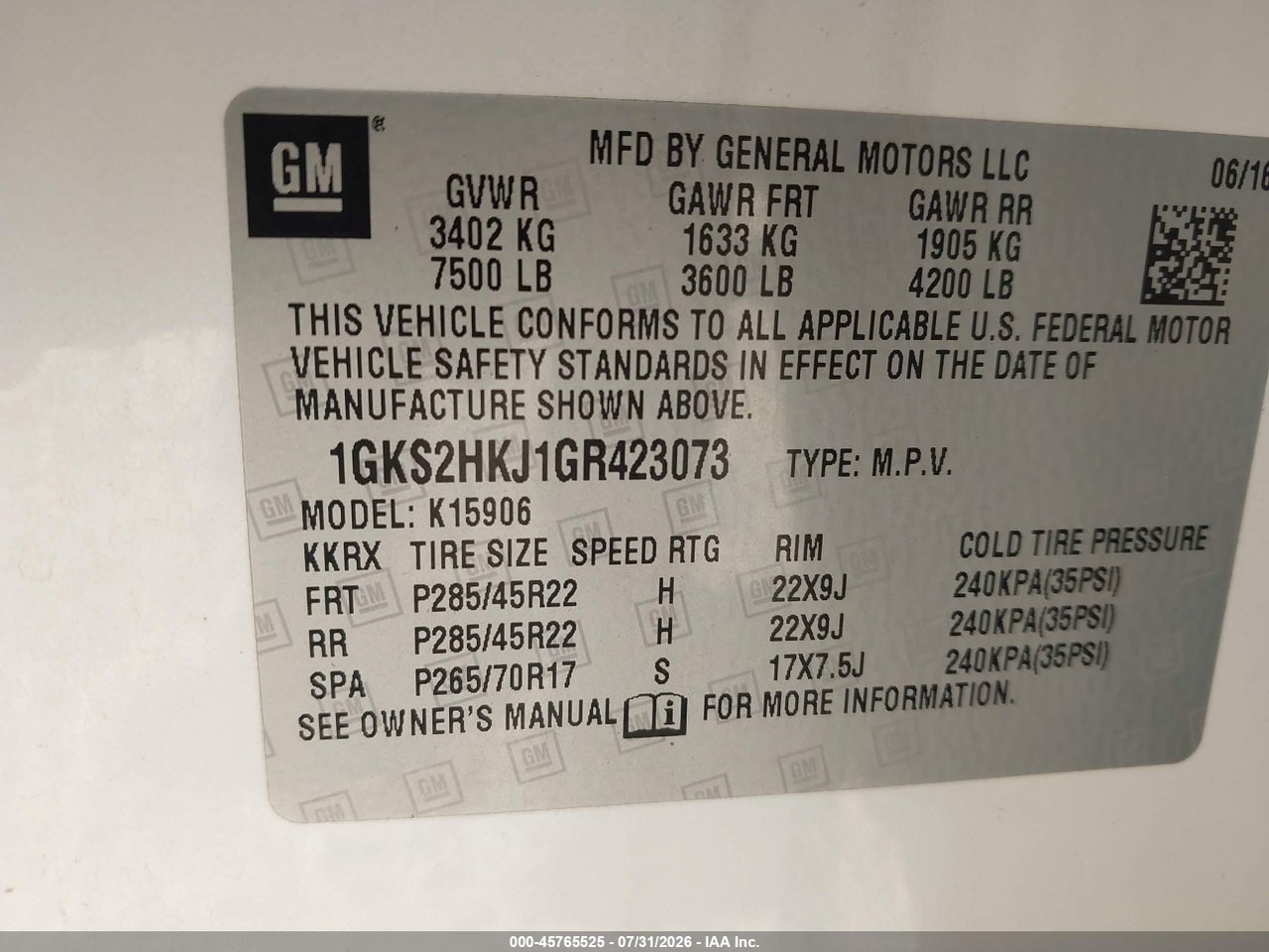 1GKS2HKJ1GR****** · 2016 GMC YUKON XL DENALI · 9/11