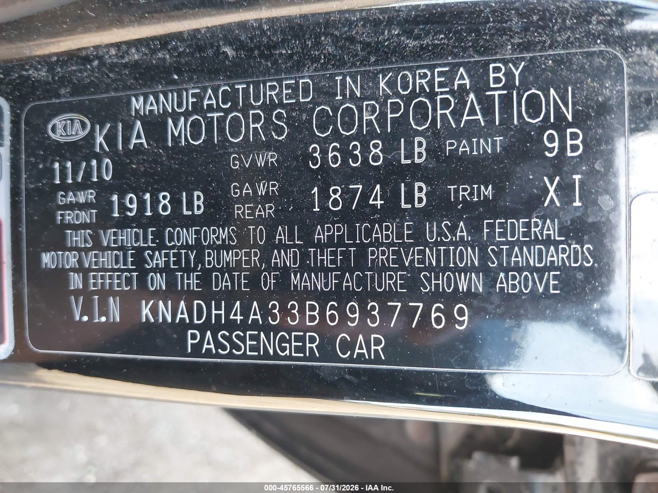 KNADH4A33B6****** · 2011 KIA RIO SX · 9/11