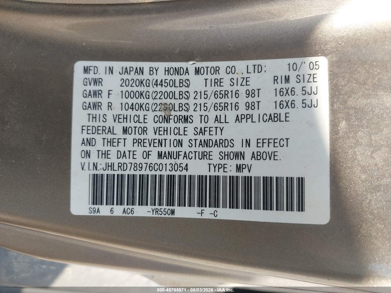JHLRD78976C****** · 2006 HONDA CR-V SE · 9/11
