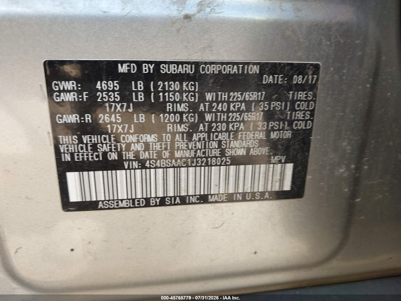 4S4BSAAC1J3****** · 2018 SUBARU OUTBACK 2.5I · 9/11