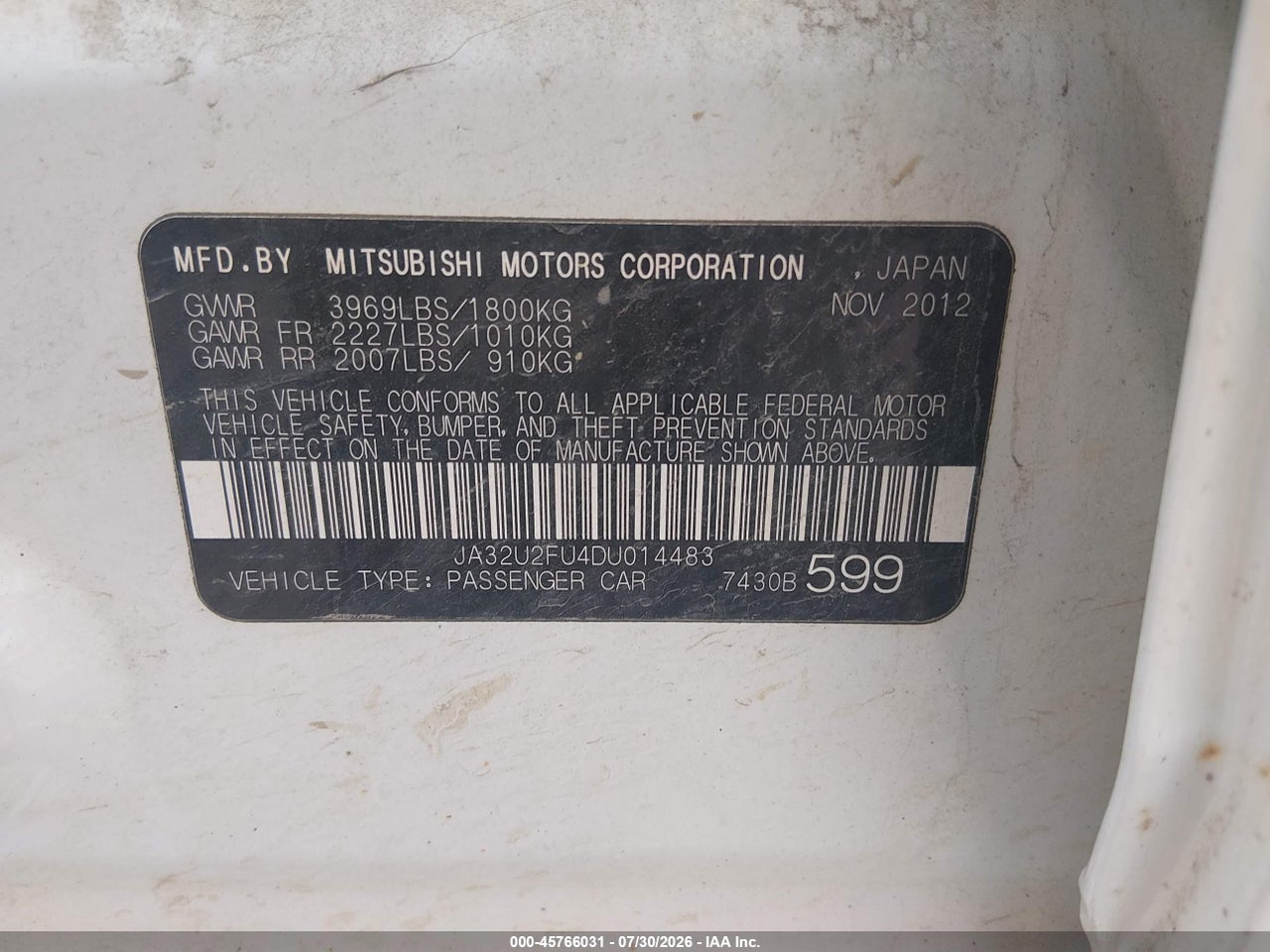 JA32U2FU4DU****** · 2013 MITSUBISHI LANCER ES · 9/11