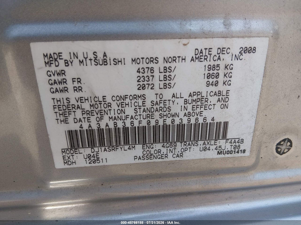 4A3AB36F09E****** · 2009 MITSUBISHI GALANT ES/SPORT EDITION · 9/11