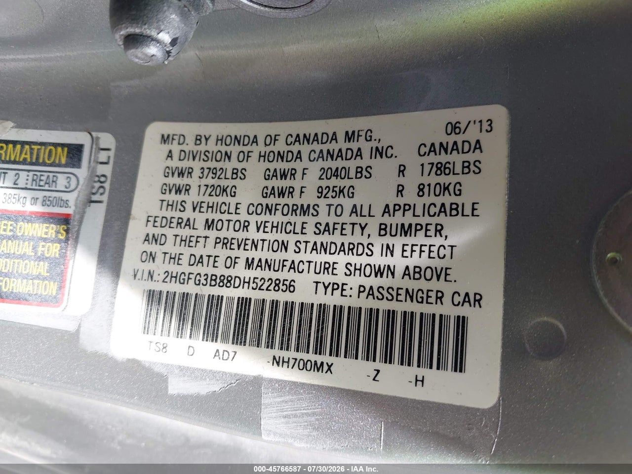 2HGFG3B88DH****** · 2013 HONDA CIVIC EX · 9/11