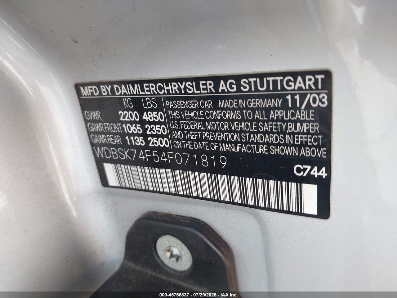 WDBSK74F54F****** · 2004 MERCEDES-BENZ SL 55 AMG   · 9/11