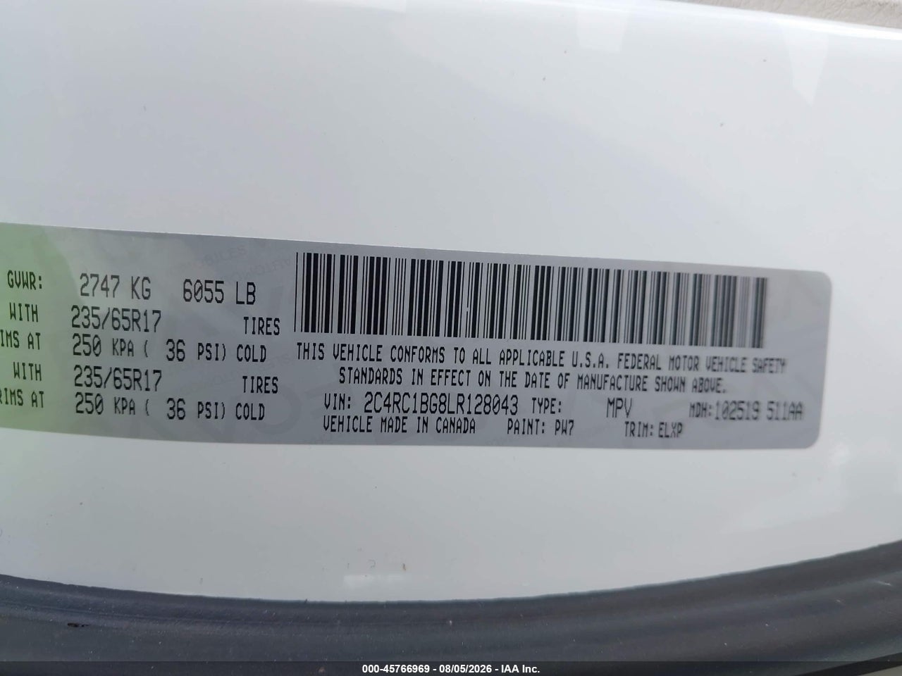 2C4RC1BG8LR****** · 2020 CHRYSLER PACIFICA TOURING L · 9/11