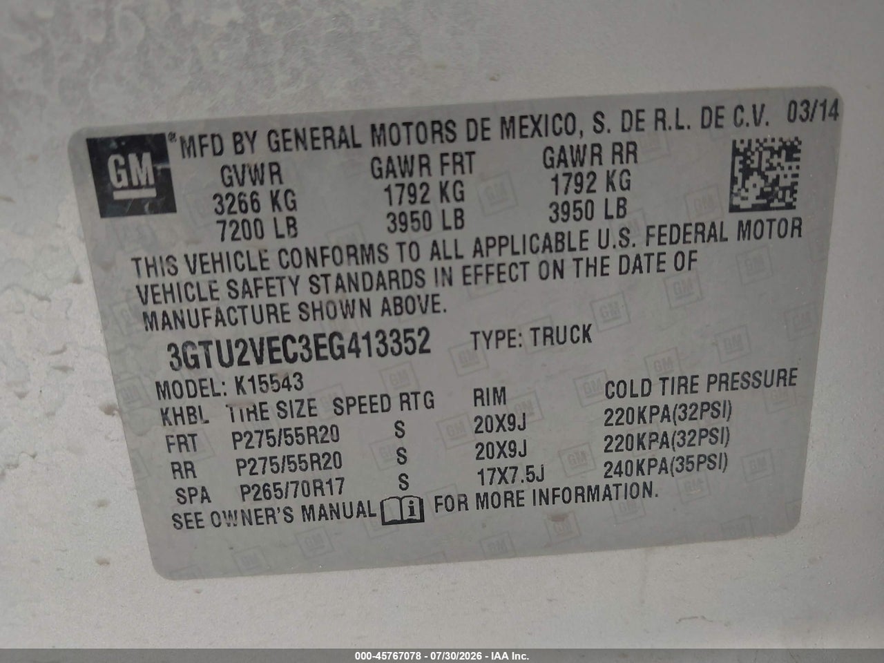 3GTU2VEC3EG****** · 2014 GMC SIERRA 1500 SLT · 9/11