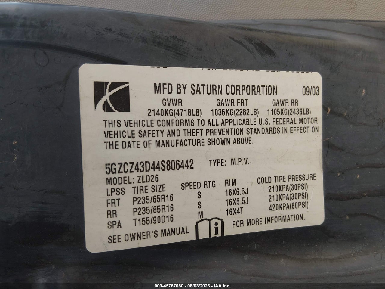 5GZCZ43D44S****** · 2004 SATURN VUE 4 CYL · 9/11