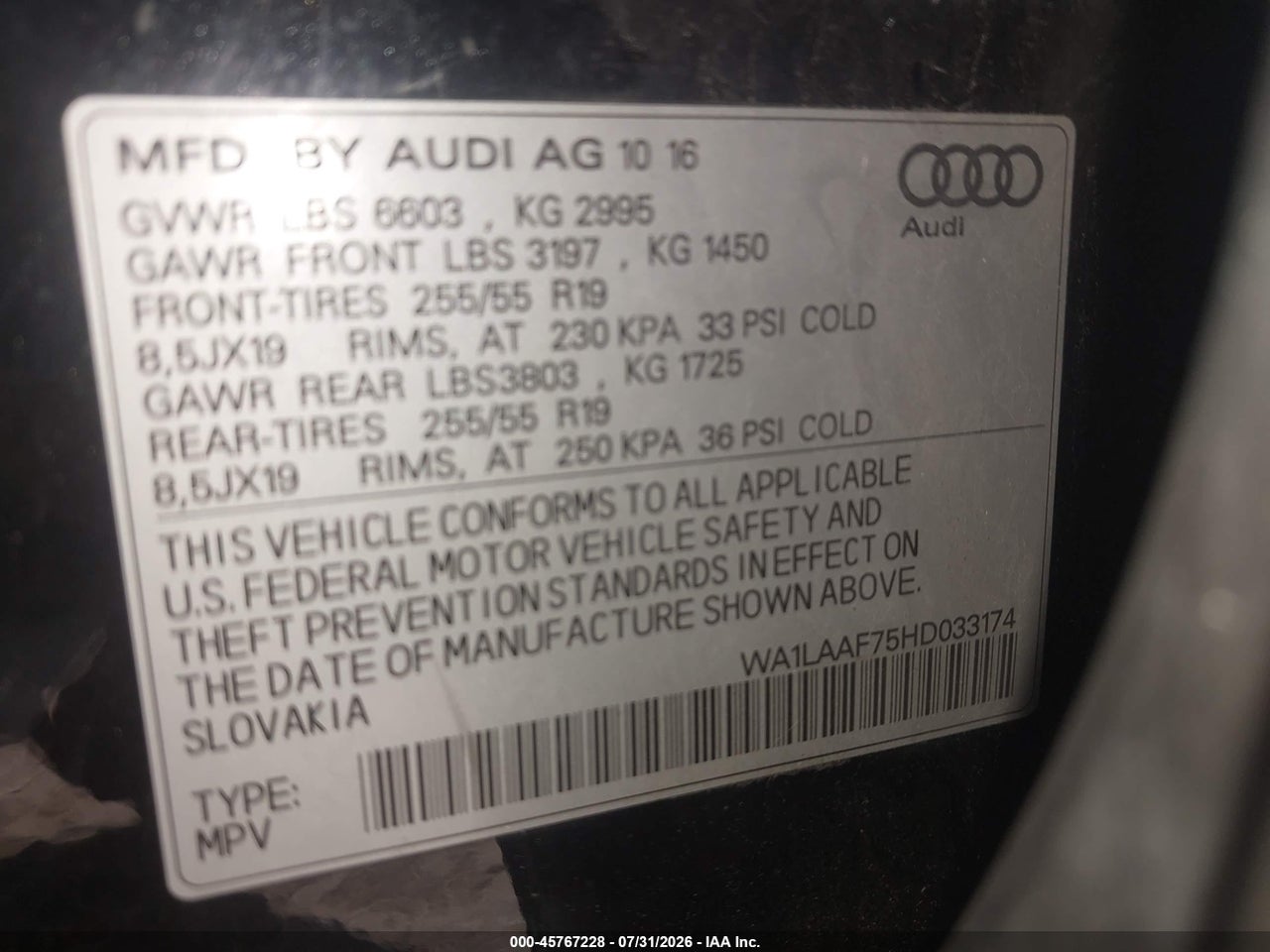 WA1LAAF75HD****** · 2017 AUDI Q7 3.0T PREMIUM · 9/11