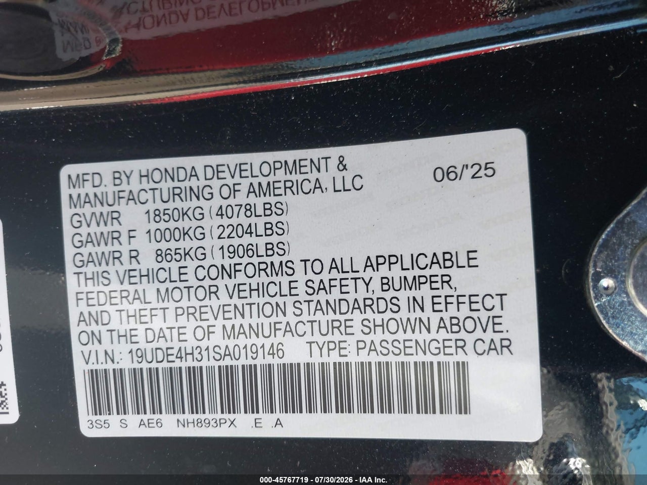 19UDE4H31SA****** · 2025 ACURA INTEGRA A-SPEC · 9/11
