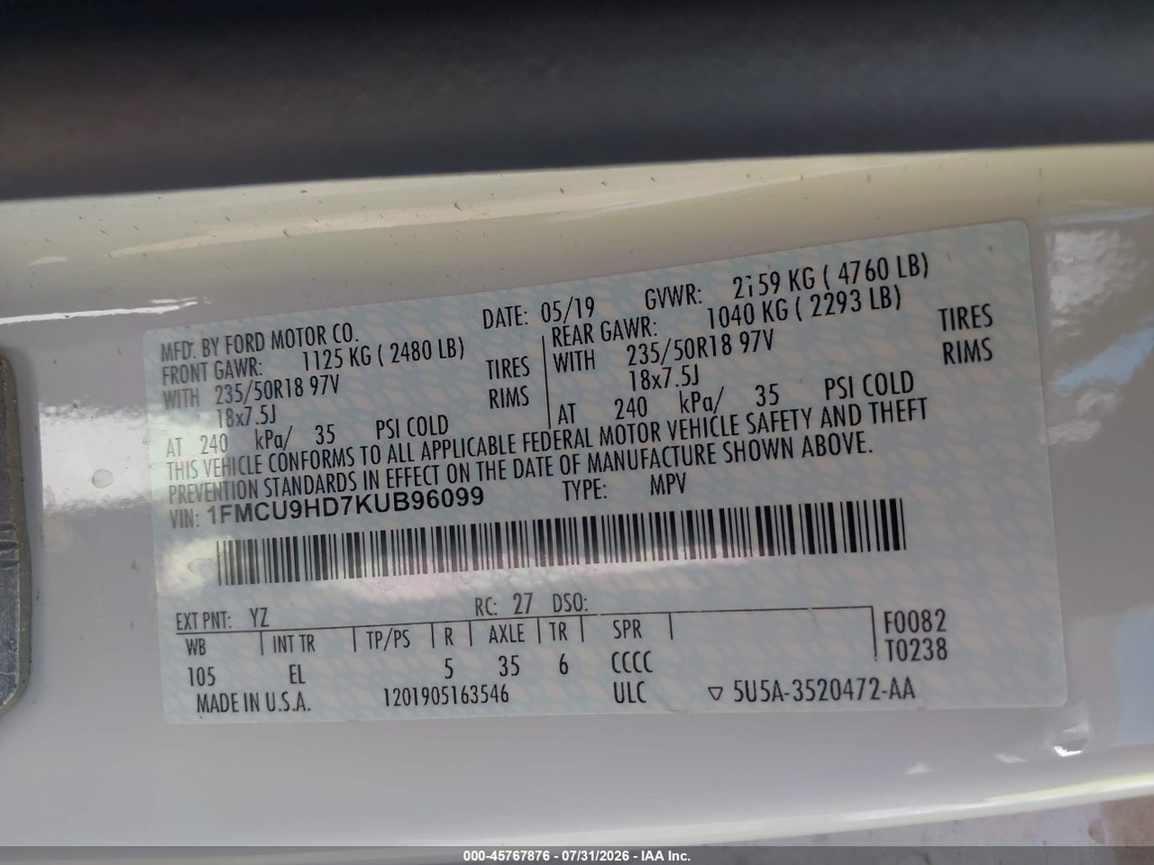1FMCU9HD7KU****** · 2019 FORD ESCAPE SEL · 9/11