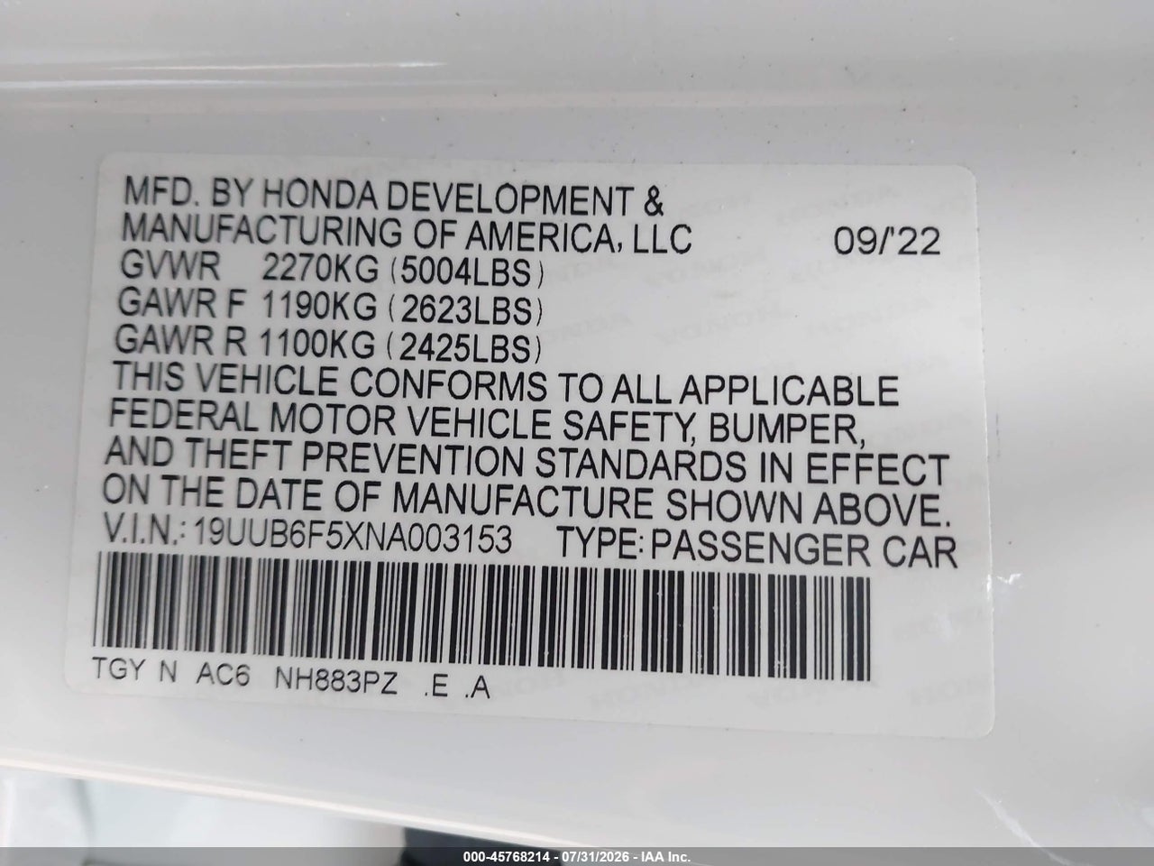 19UUB6F5XNA****** · 2022 ACURA TLX A-SPEC PACKAGE · 9/11