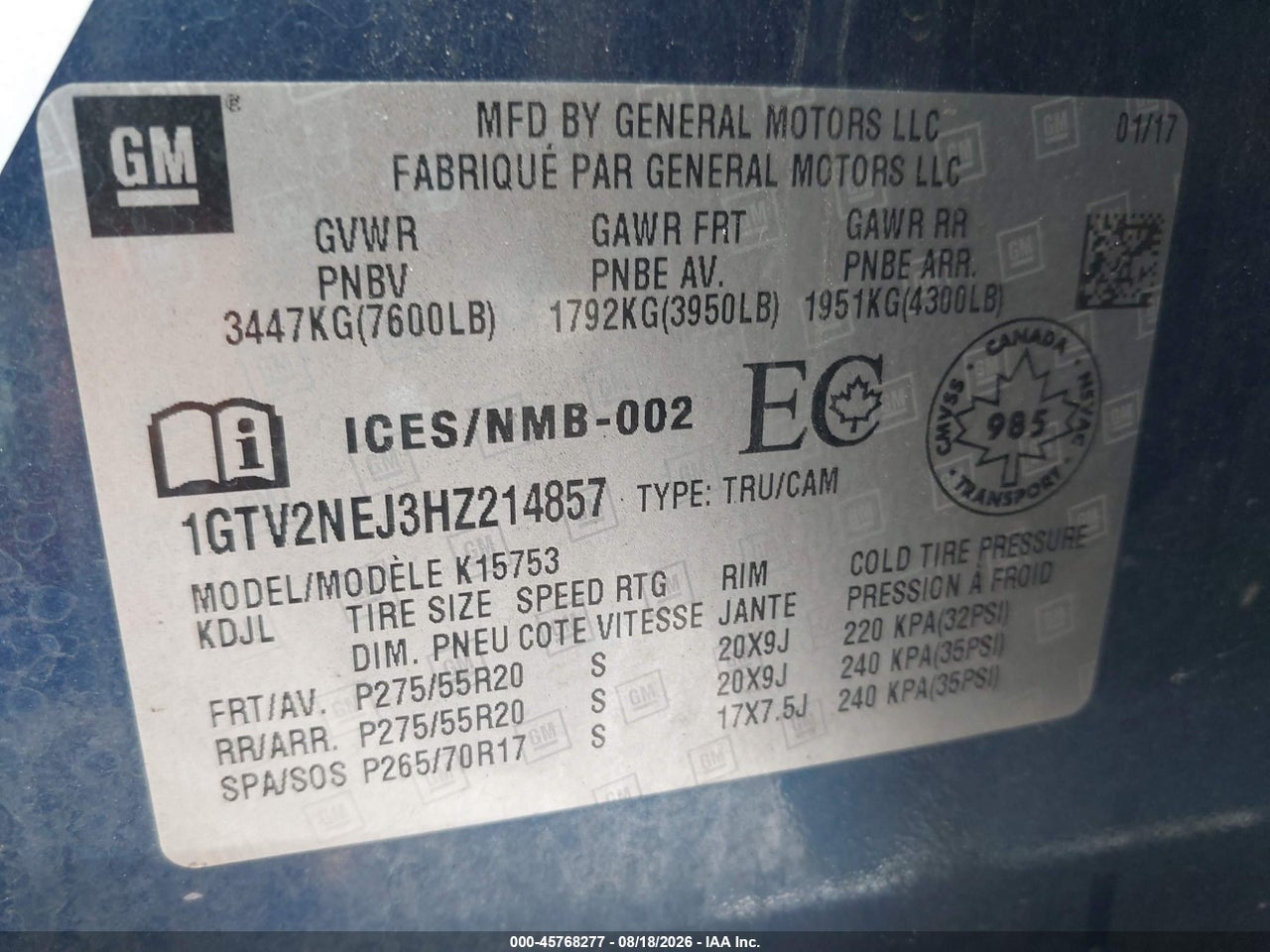 1GTV2NEJ3HZ****** · 2017 GMC SIERRA 1500 SLT · 9/11