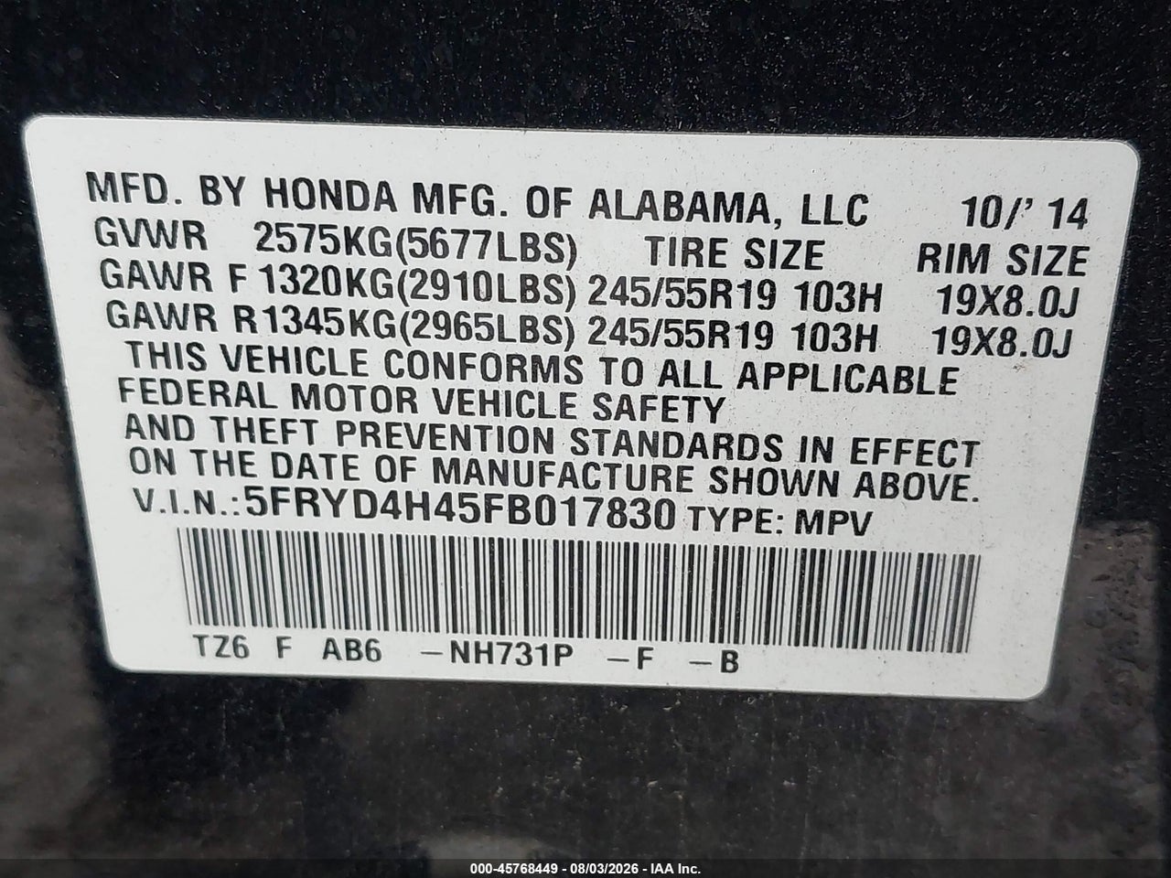 5FRYD4H45FB****** · 2015 ACURA MDX TECHNOLOGY PACKAGE · 9/11