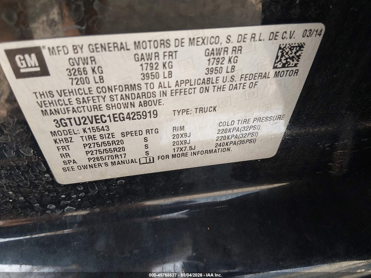 3GTU2VEC1EG****** · 2014 GMC SIERRA 1500 SLT · 9/11
