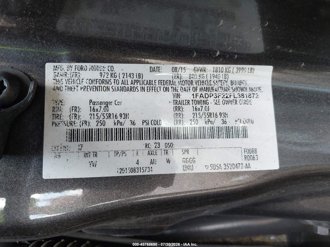 1FADP3F22FL****** · 2015 FORD FOCUS SE · 9/11