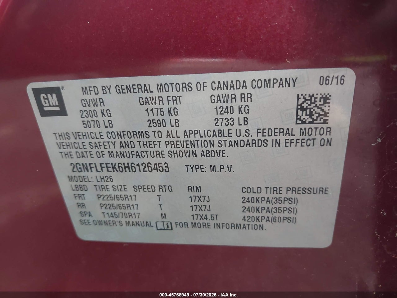 2GNFLFEK6H6****** · 2017 CHEVROLET EQUINOX LT · 9/11