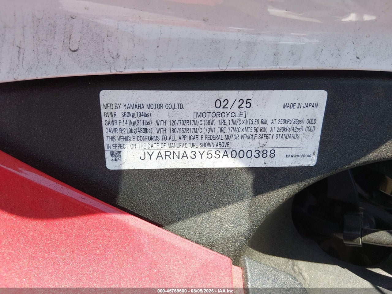 JYARNA3Y5SA****** · 2025 YAMAHA YZF890 C · 10/11