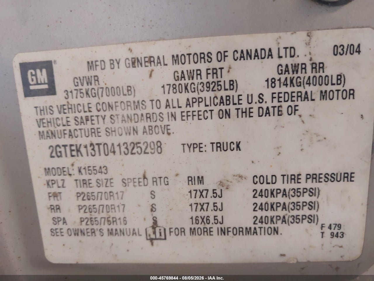 2GTEK13T041****** · 2004 GMC SIERRA 1500 SLT · 9/11