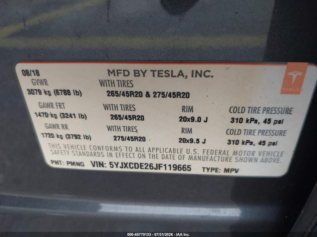 5YJXCDE26JF****** · 2018 TESLA MODEL X 100D/75D/P100D · 9/11