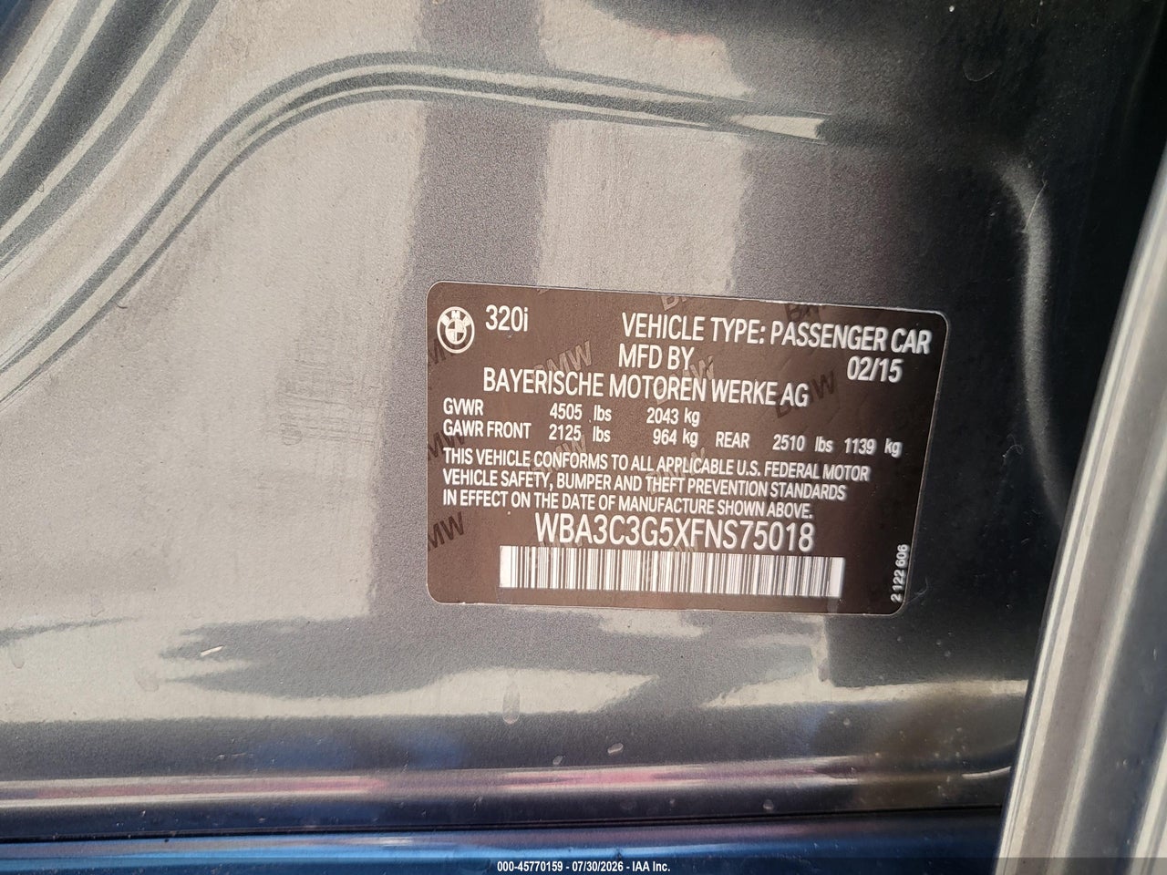 WBA3C3G5XFN****** · 2015 BMW 320I XDRIVE · 9/11