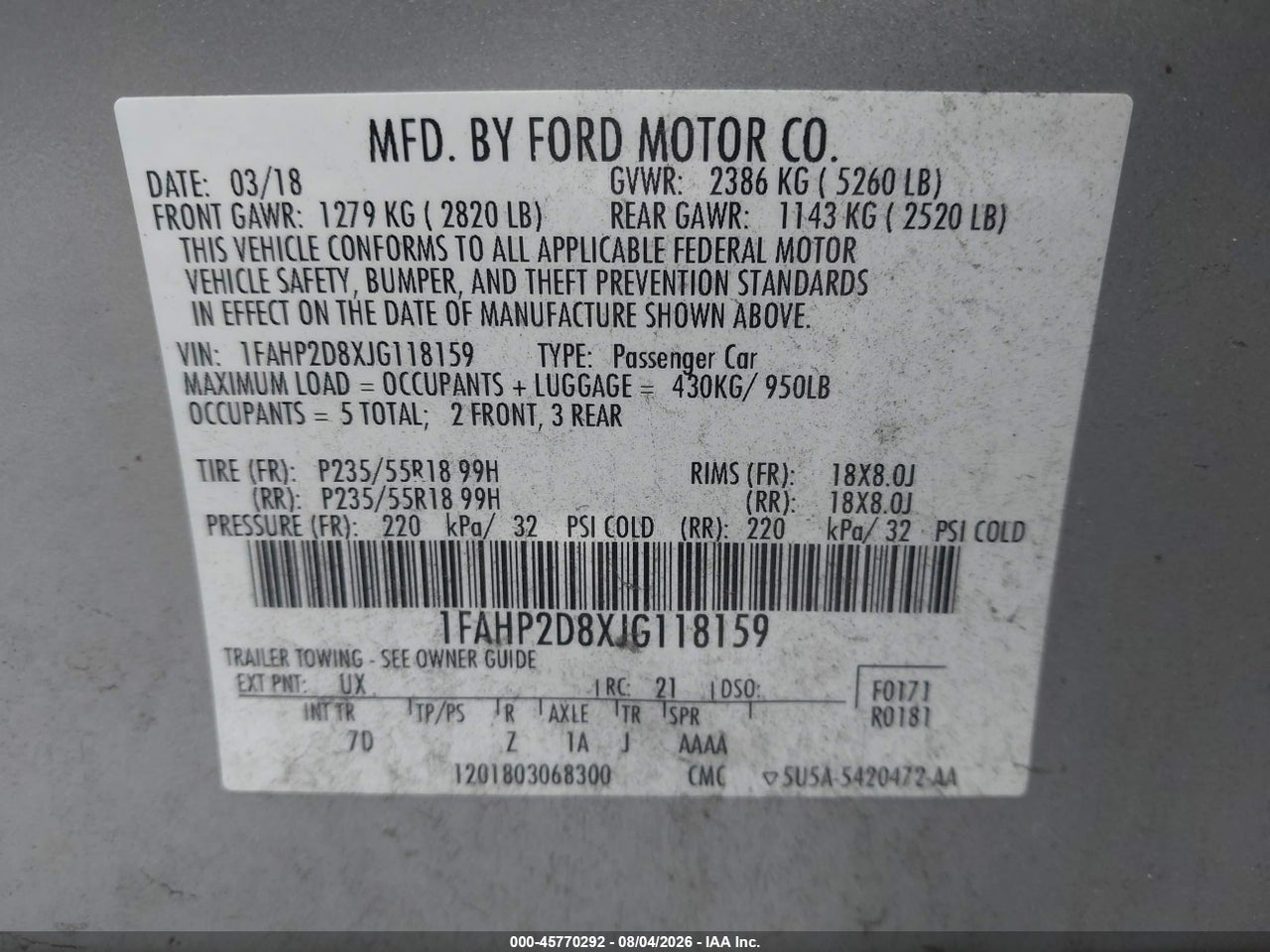 1FAHP2D8XJG****** · 2018 FORD TAURUS SE · 9/11