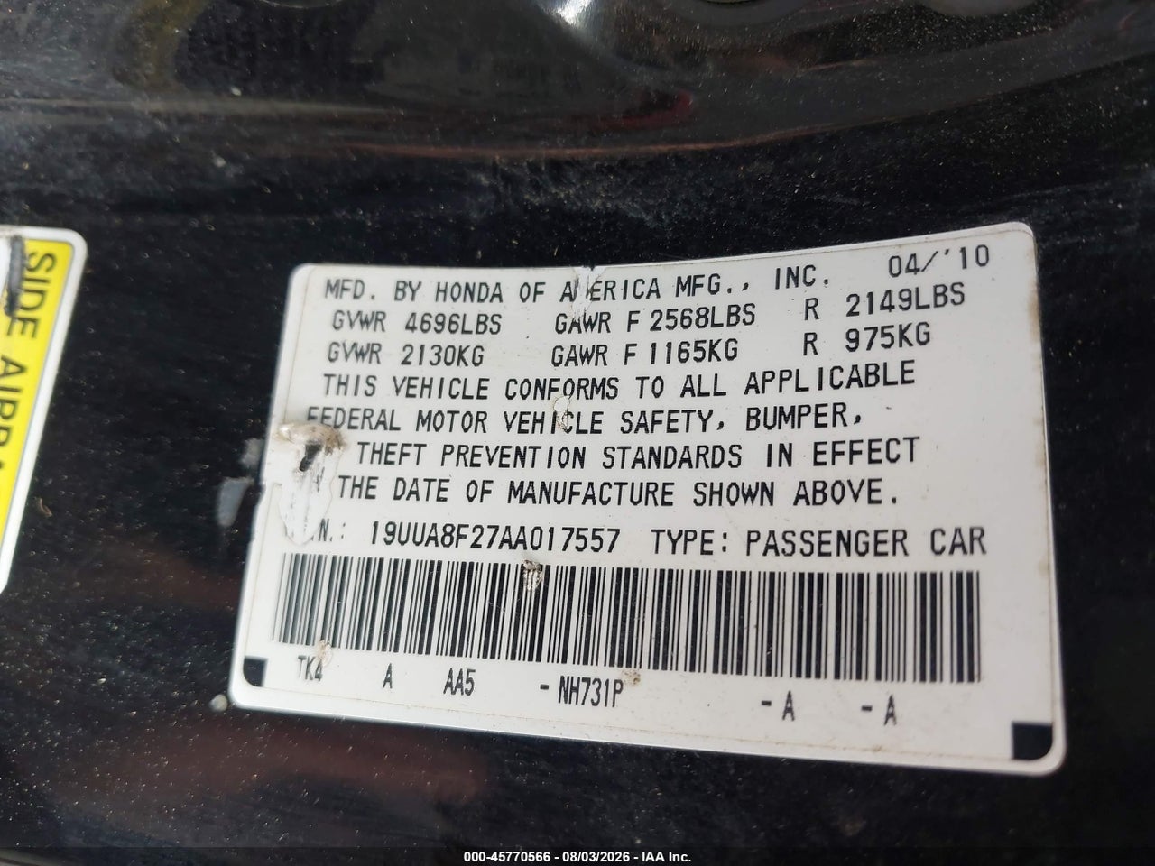 JH4DC44561S****** · 2001 ACURA INTEGRA LS · 9/11