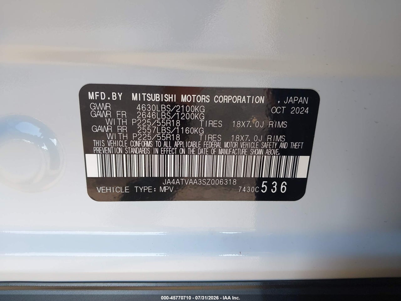 JA4ATVAA3SZ****** · 2025 MITSUBISHI ECLIPSE CROSS LE S-AWC/RALLIART S-AWC · 9/11