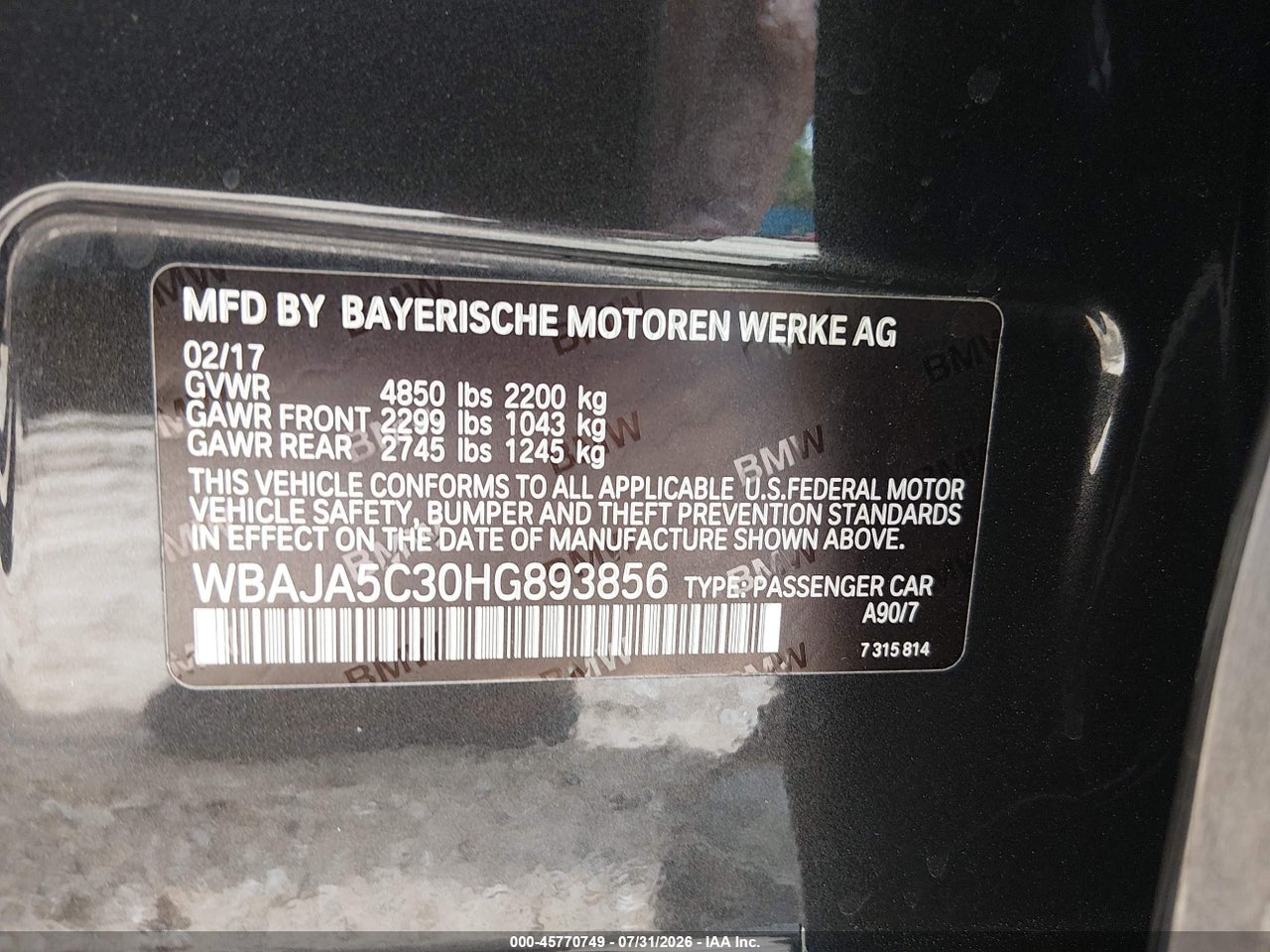 WBAJA5C30HG****** · 2017 BMW 530I   · 9/11