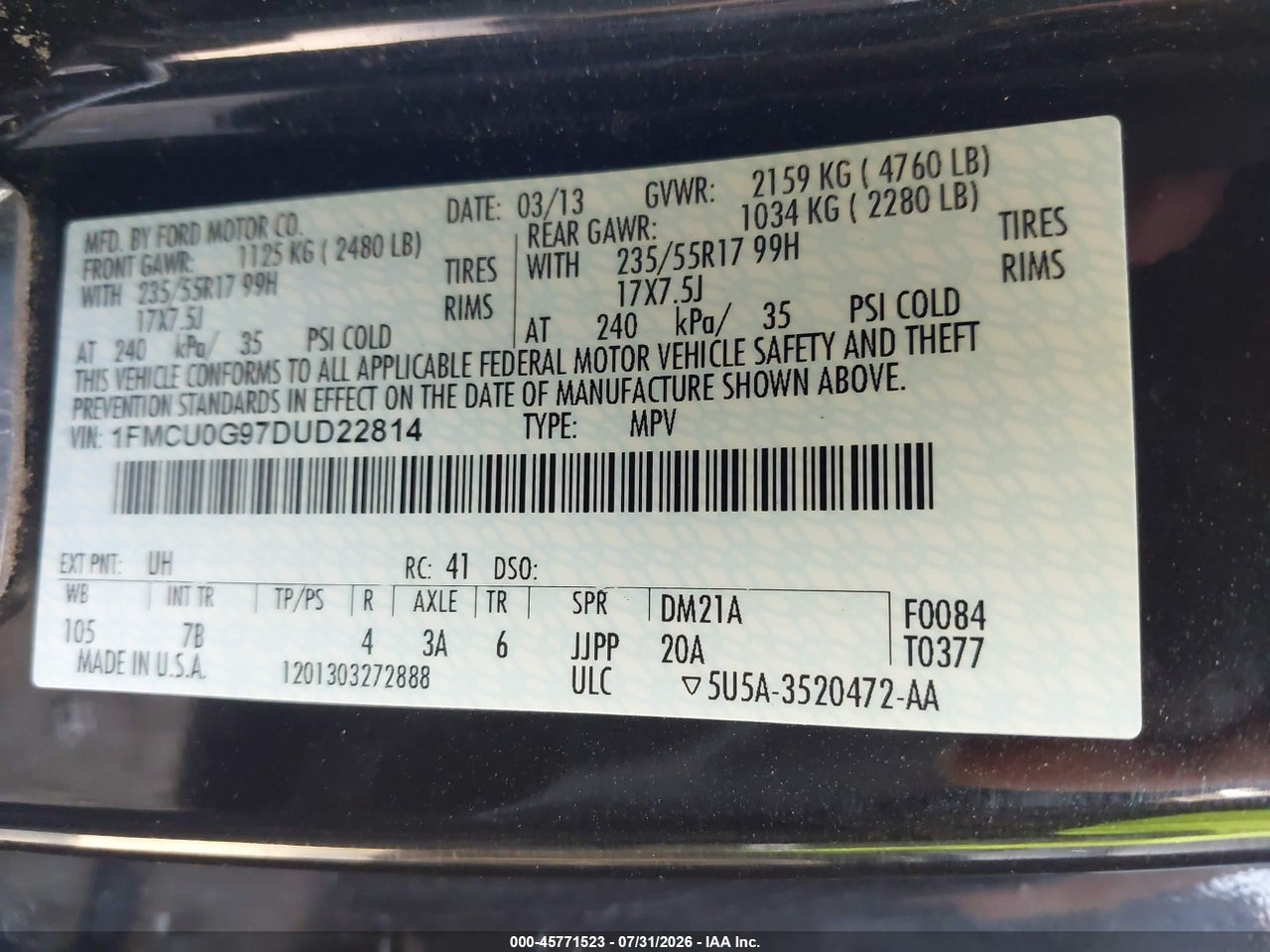 1FMCU0G97DU****** · 2013 FORD ESCAPE SE · 9/11