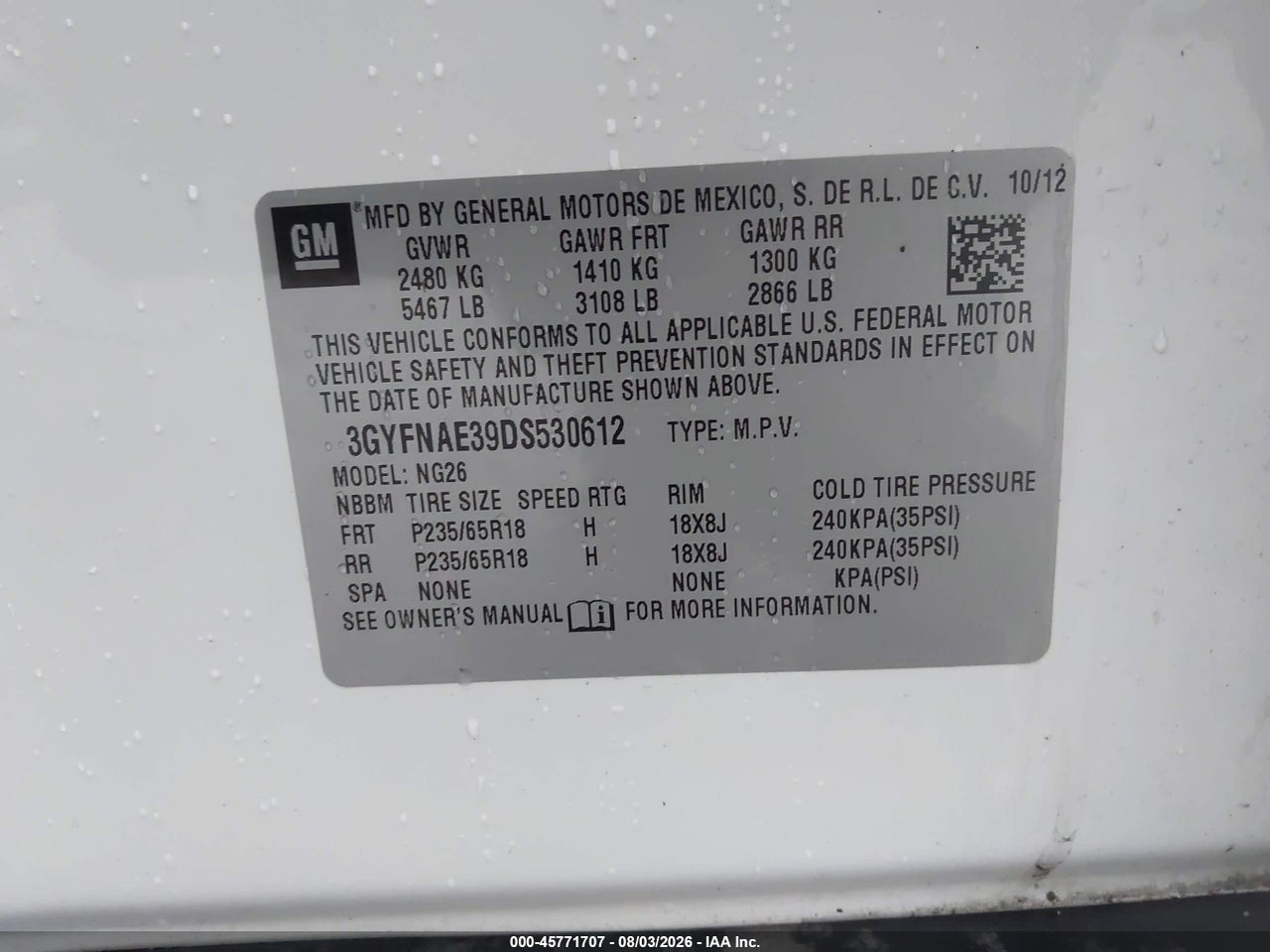 3GYFNAE39DS****** · 2013 CADILLAC SRX STANDARD · 9/11