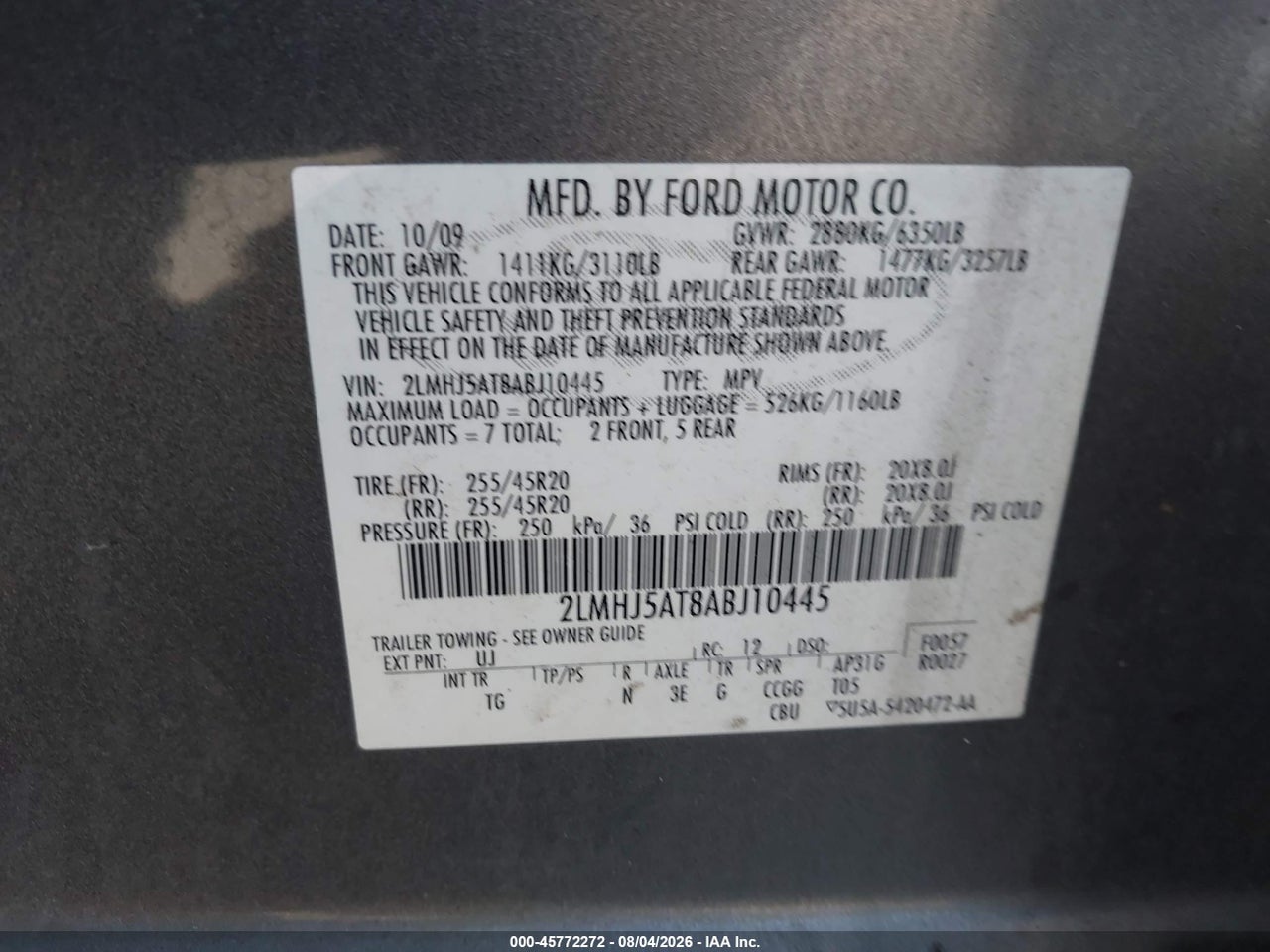 2LMHJ5AT8AB****** · 2010 LINCOLN MKT ECOBOOST · 9/11