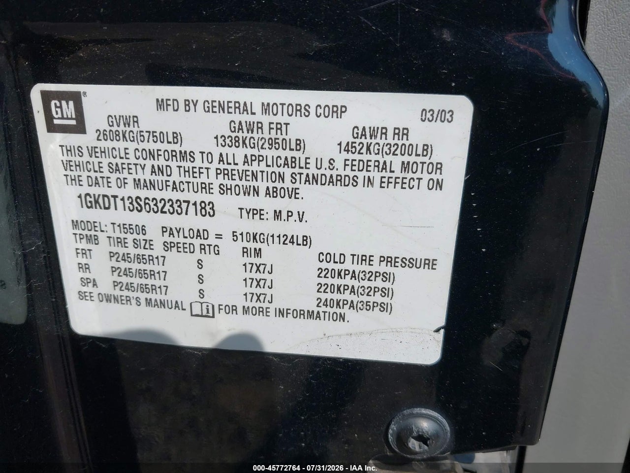 1GKDT13S632****** · 2003 GMC ENVOY SLE · 9/11