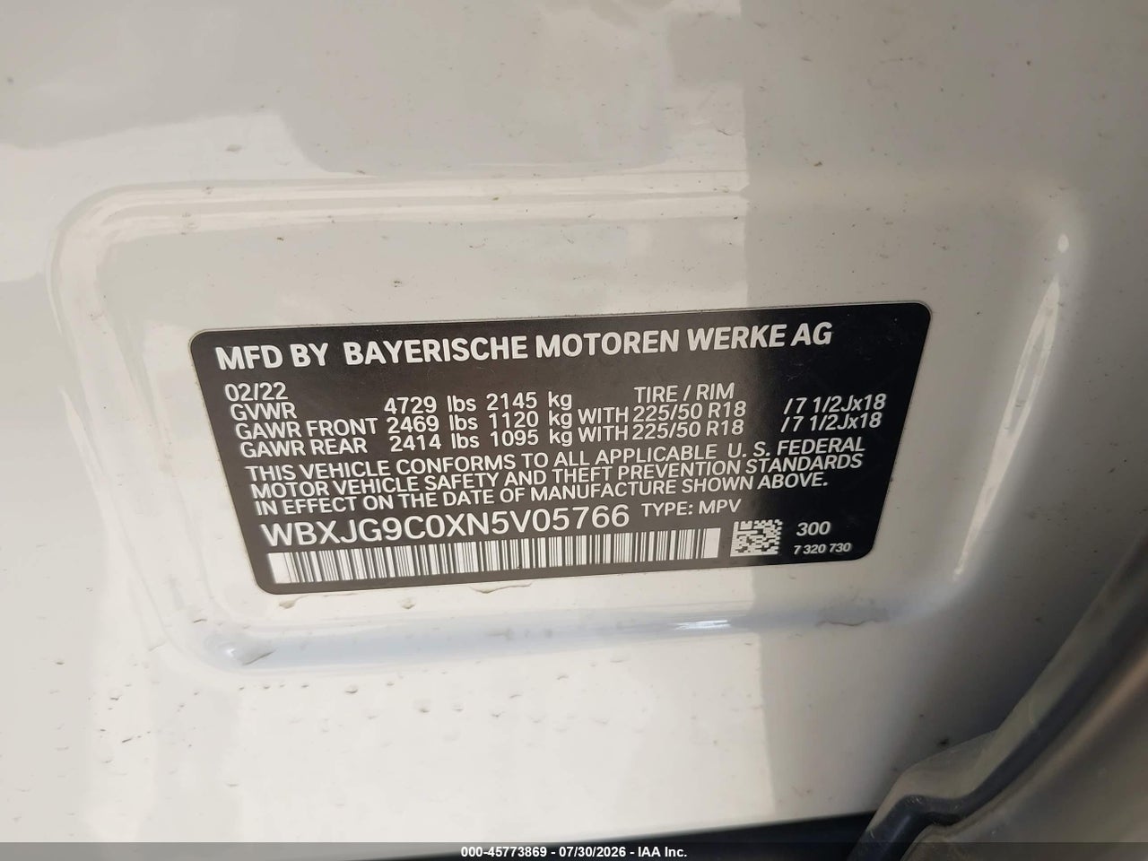 WBXJG9C0XN5****** · 2022 BMW X1 XDRIVE28I · 9/11