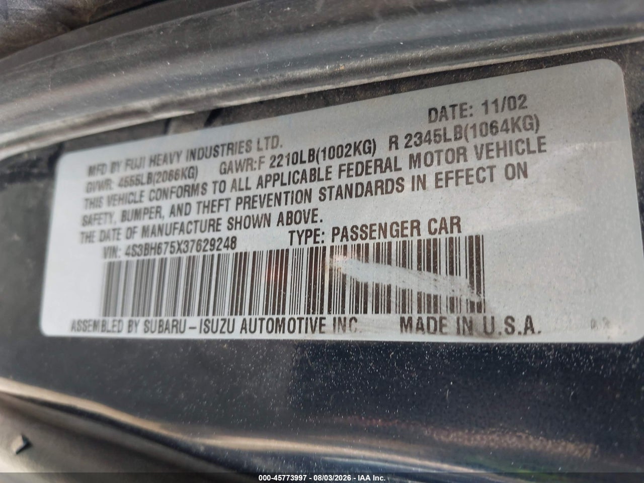 4S3BH675X37****** · 2003 SUBARU OUTBACK · 9/11