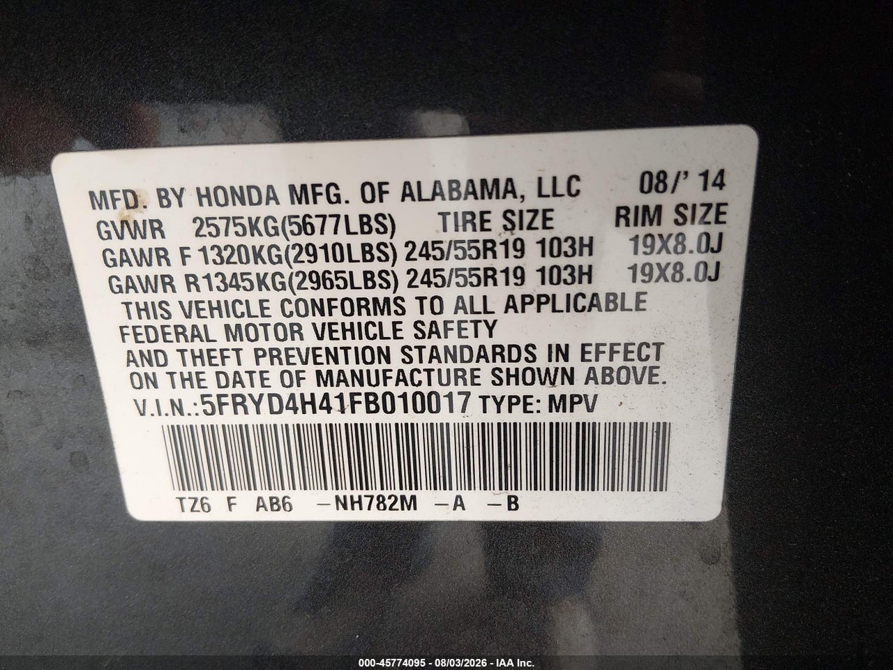 5FRYD4H41FB****** · 2015 ACURA MDX TECHNOLOGY PACKAGE · 9/11