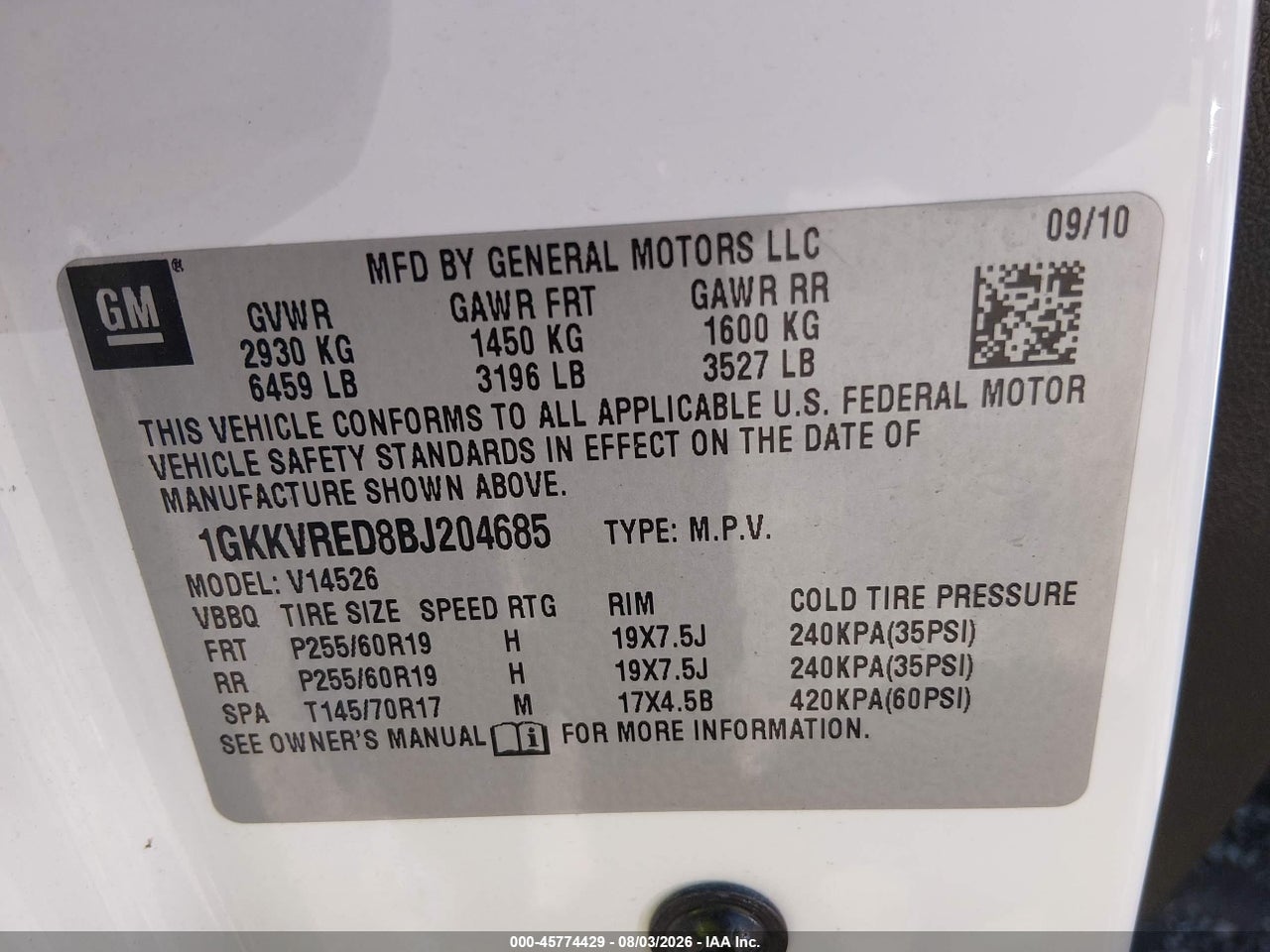 1GKKVRED8BJ****** · 2011 GMC ACADIA SLT-1 · 9/11
