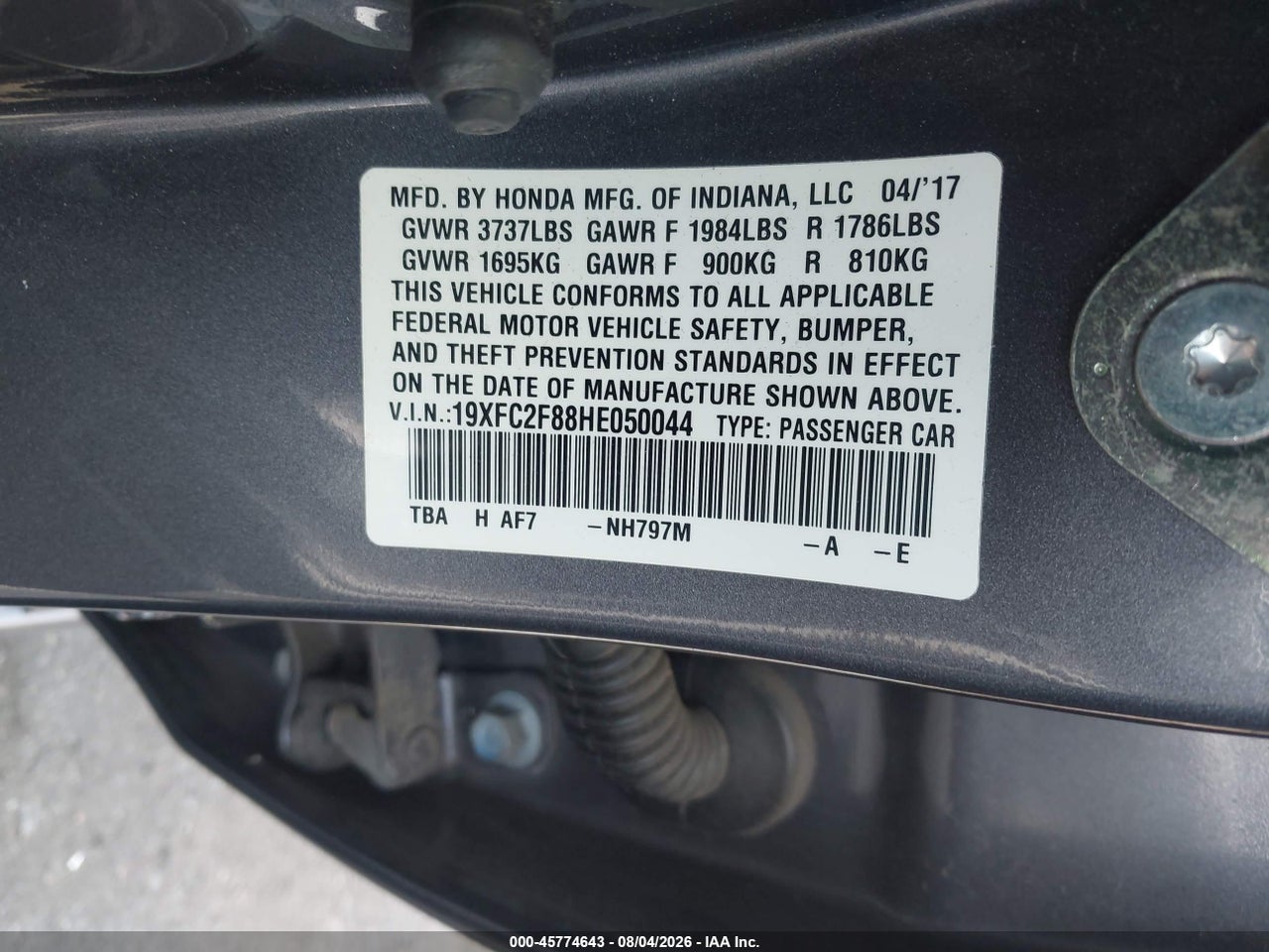 19XFC2F88HE****** · 2017 HONDA CIVIC EX · 9/11