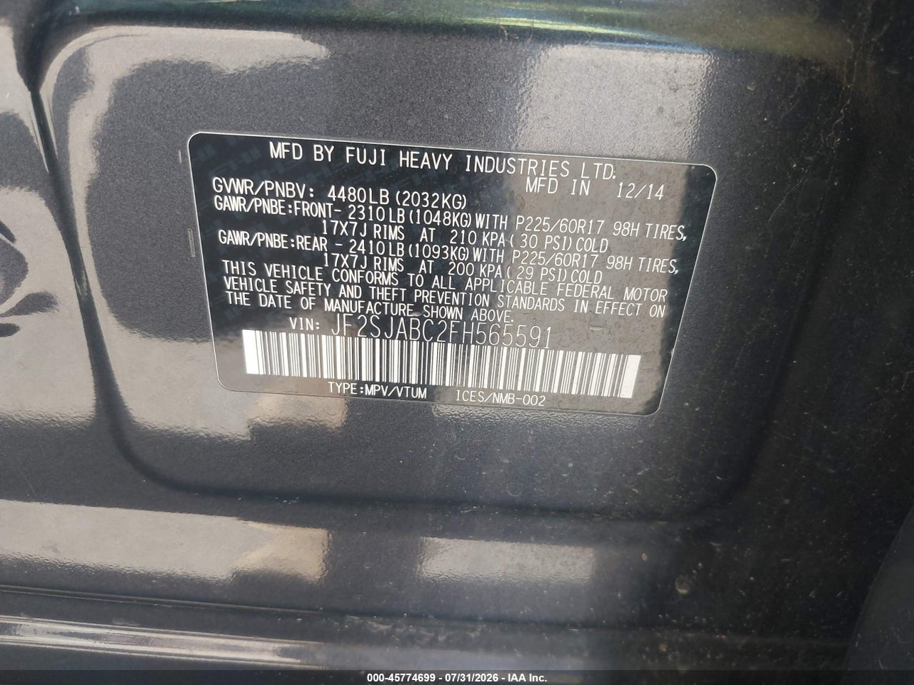 JF2SJABC2FH****** · 2015 SUBARU FORESTER 2.5I · 9/11