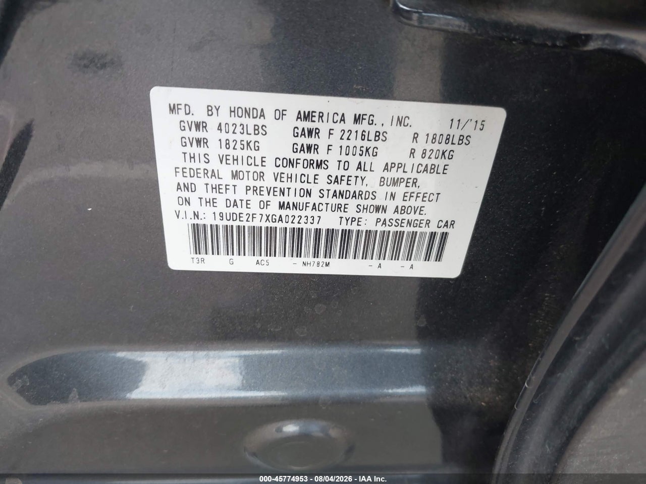 19UDE2F7XGA****** · 2016 ACURA ILX PREMIUM PACKAGE/TECHNOLOGY PLUS PACKAGE · 9/11