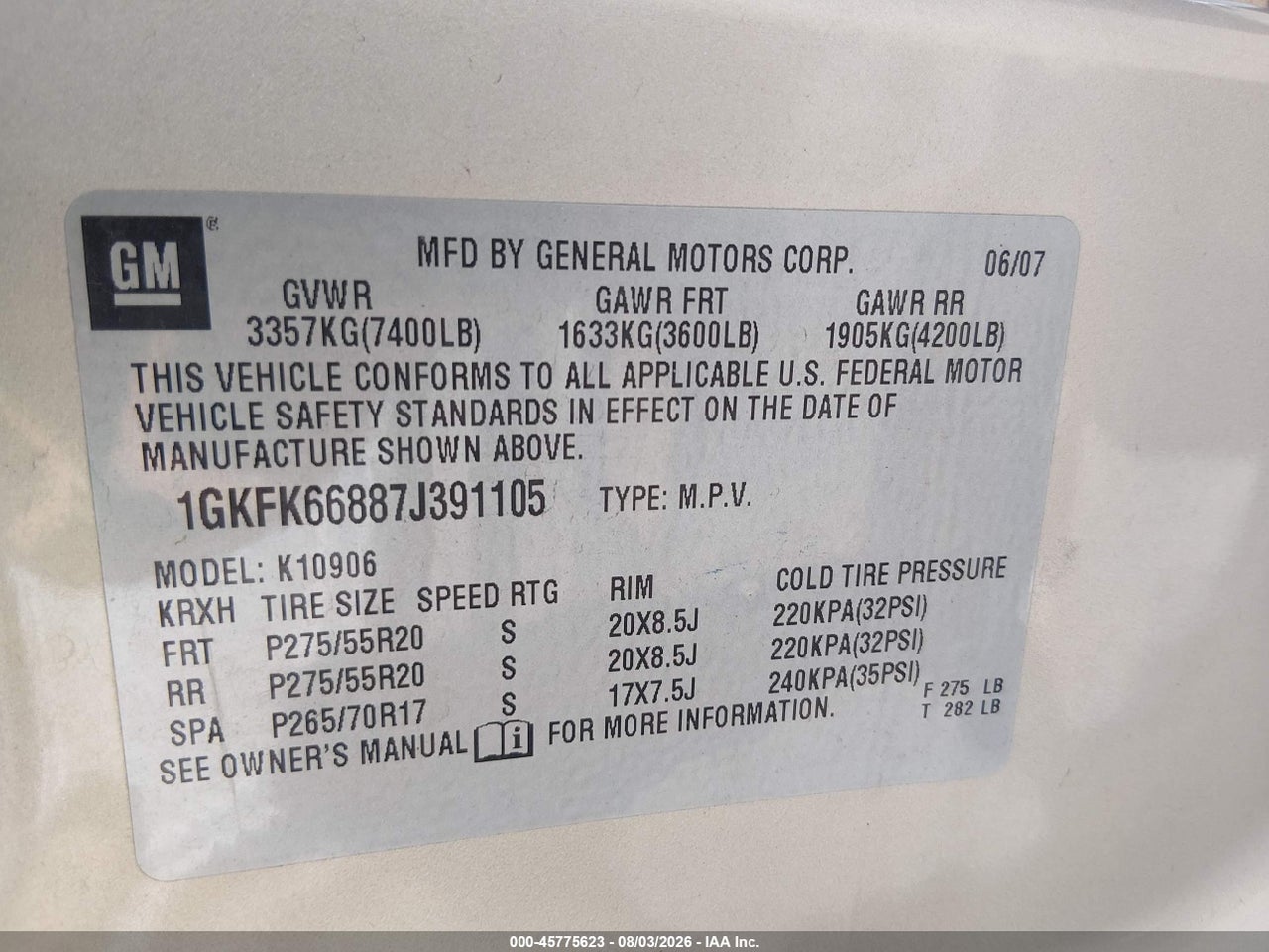 1GKFK66887J****** · 2007 GMC YUKON XL DENALI DENALI · 9/11
